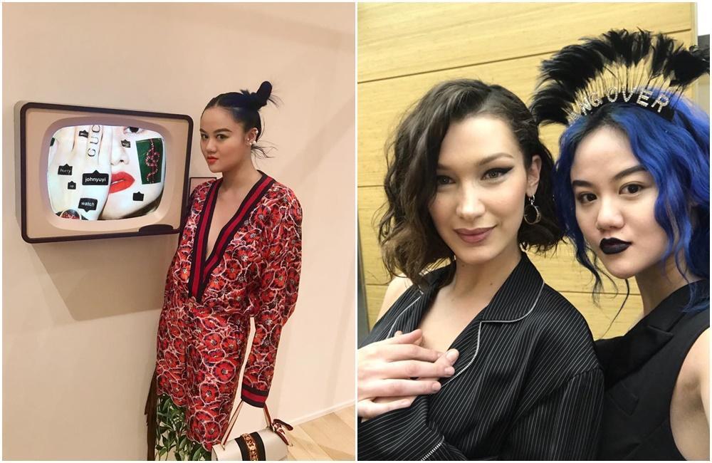 去年江宥儀成為GUCCI選任的第一位台灣藝術家，除了創作，她偶爾也會替國際品牌走秀，右圖左為超模Bella Hadid。（取自John Yuyi臉書）
