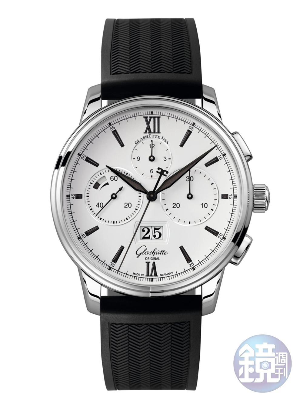 《Senator Chronograph Panorama Date》 37-01自動上鏈機芯/不鏽鋼材質/時、分、秒指示/大日期、動力儲存顯示/計時碼錶/橡膠錶帶/建議售價：NT$536,000(短版折疊扣)