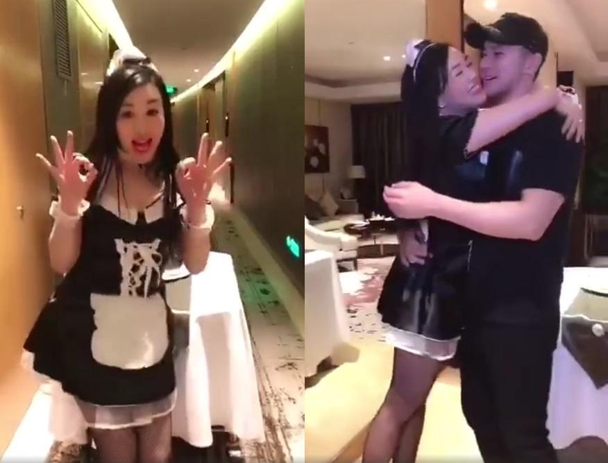 去年鍾麗緹為慶祝與張倫碩結婚一週年，特別打扮成爆乳女僕，飛去他下榻的飯店給他一個大驚喜。（翻攝自鍾麗緹微博）