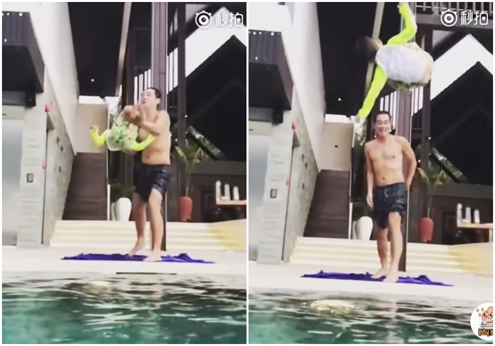 陳小春將Jasper丟進泳池，並哈哈大笑看著兒子落水。