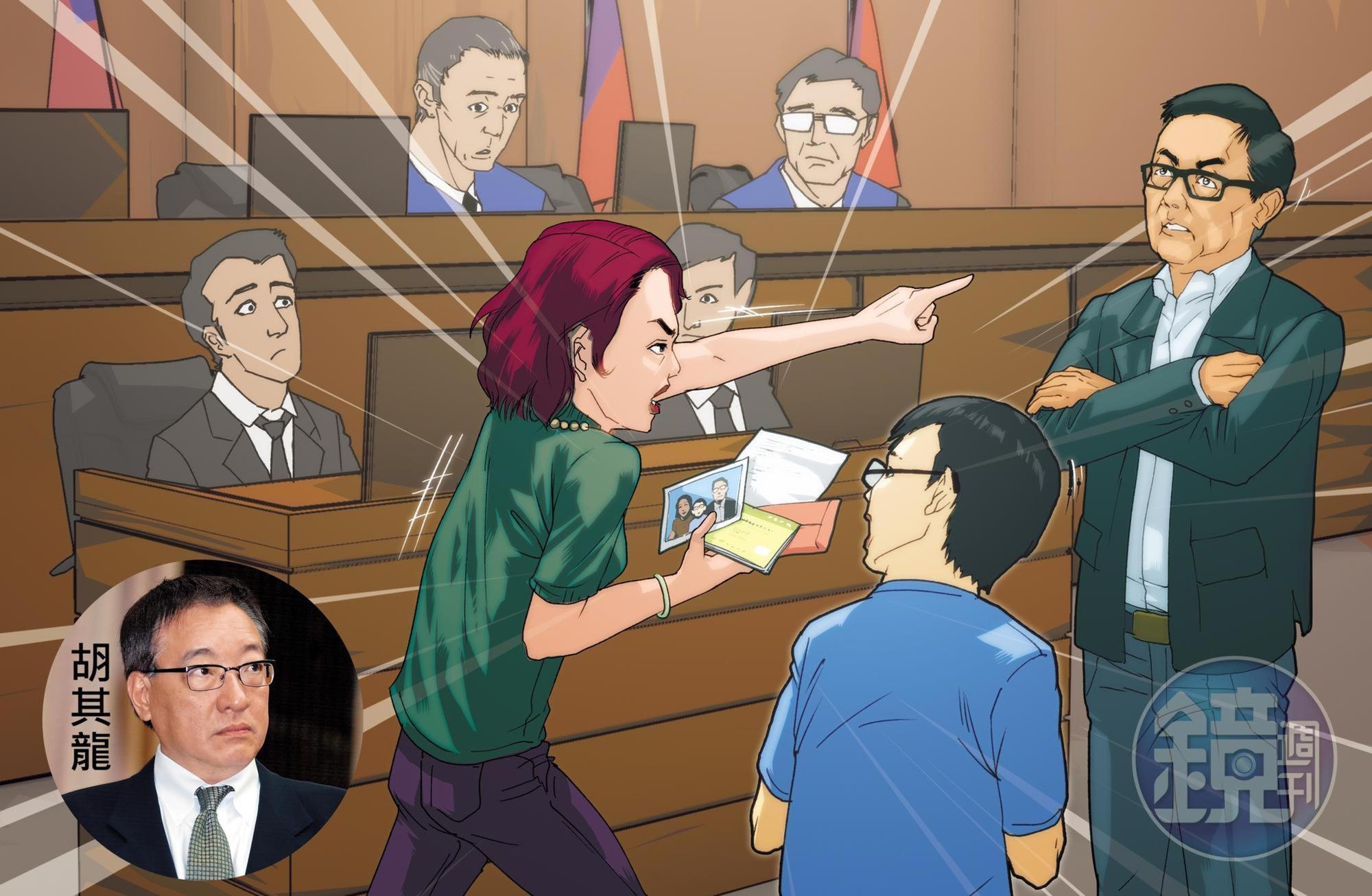胡其龍的小三張姓女子與兒子去年提告,要求胡支付扶養費,全案今年3月以和解收場。 (圖為法庭模擬畫面)
