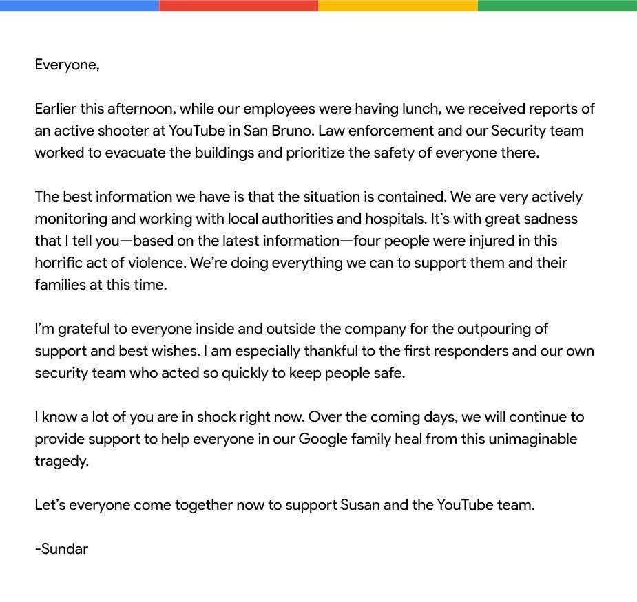 Google CEO桑德爾寄出給全體員工的聲明。(翻攝Google Communications)