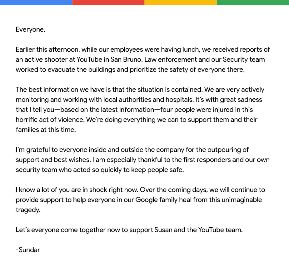 Google CEO桑德爾寄出給全體員工的聲明。（翻攝Google Communications）
