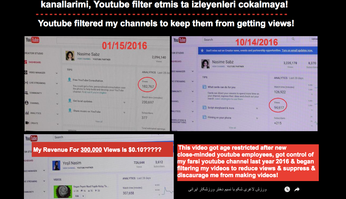 艾赫丹抱怨YouTube的影片截圖，其中一串文字寫道，「我的影片有30萬人瀏覽，他們僅付我0.10美元。」（翻攝網路）