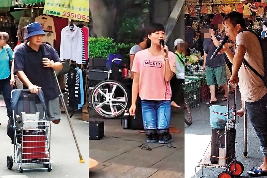 中國多名身障人士去年來到台灣，在菜市場行乞，其中「淡水小周蕙」馮建霞（中）因激似本尊的表演而一夕爆紅，卻被查出她是賣藝行乞集團首腦。