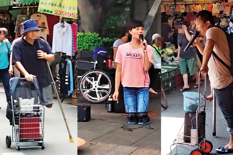 中國多名身障人士去年來到台灣，在菜市場行乞，其中「淡水小周蕙」馮建霞（中）因激似本尊的表演而一夕爆紅，卻被查出她是賣藝行乞集團首腦。
