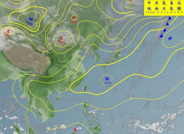 9日上午8時的地面天氣圖。（中央氣象局提供）