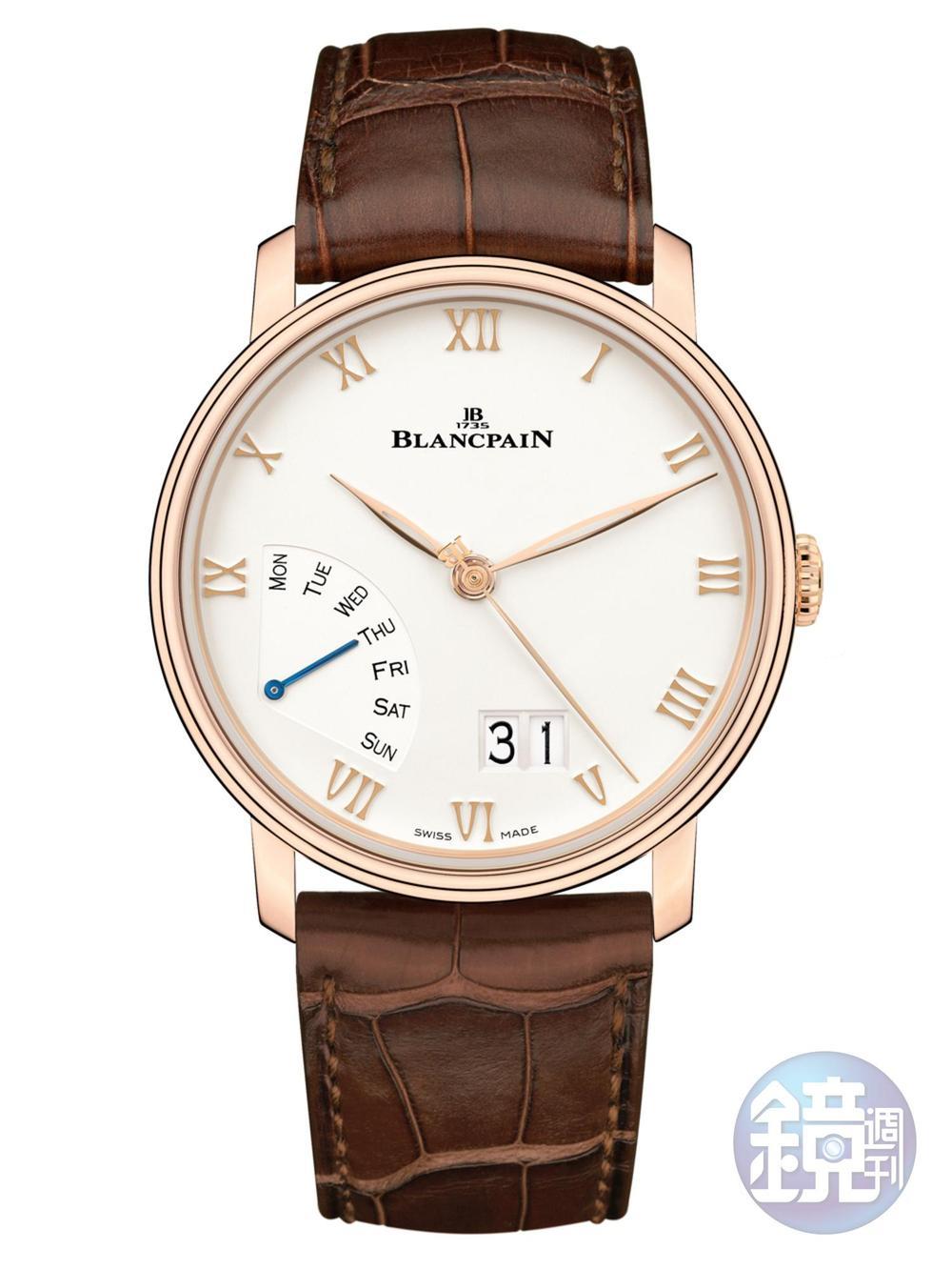 《Villeret Grande Date Jour Rétrograde》6950GJ自動上鏈機芯/18K玫瑰金材質/時、分、秒、逆跳星期指示/大日期顯示/鱷魚皮錶帶/防水30米/建議售價：NT$781,000