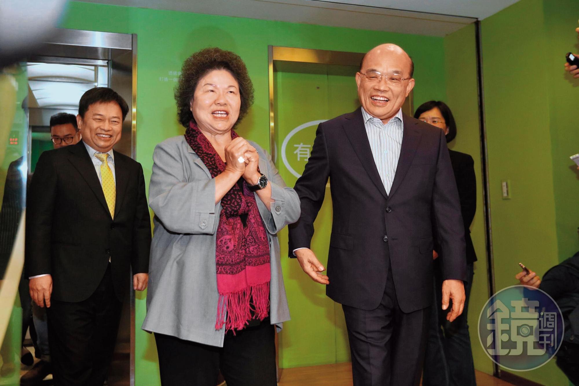 陳菊（左）9日拜會蘇貞昌（右），勸進蘇參選新北市長。