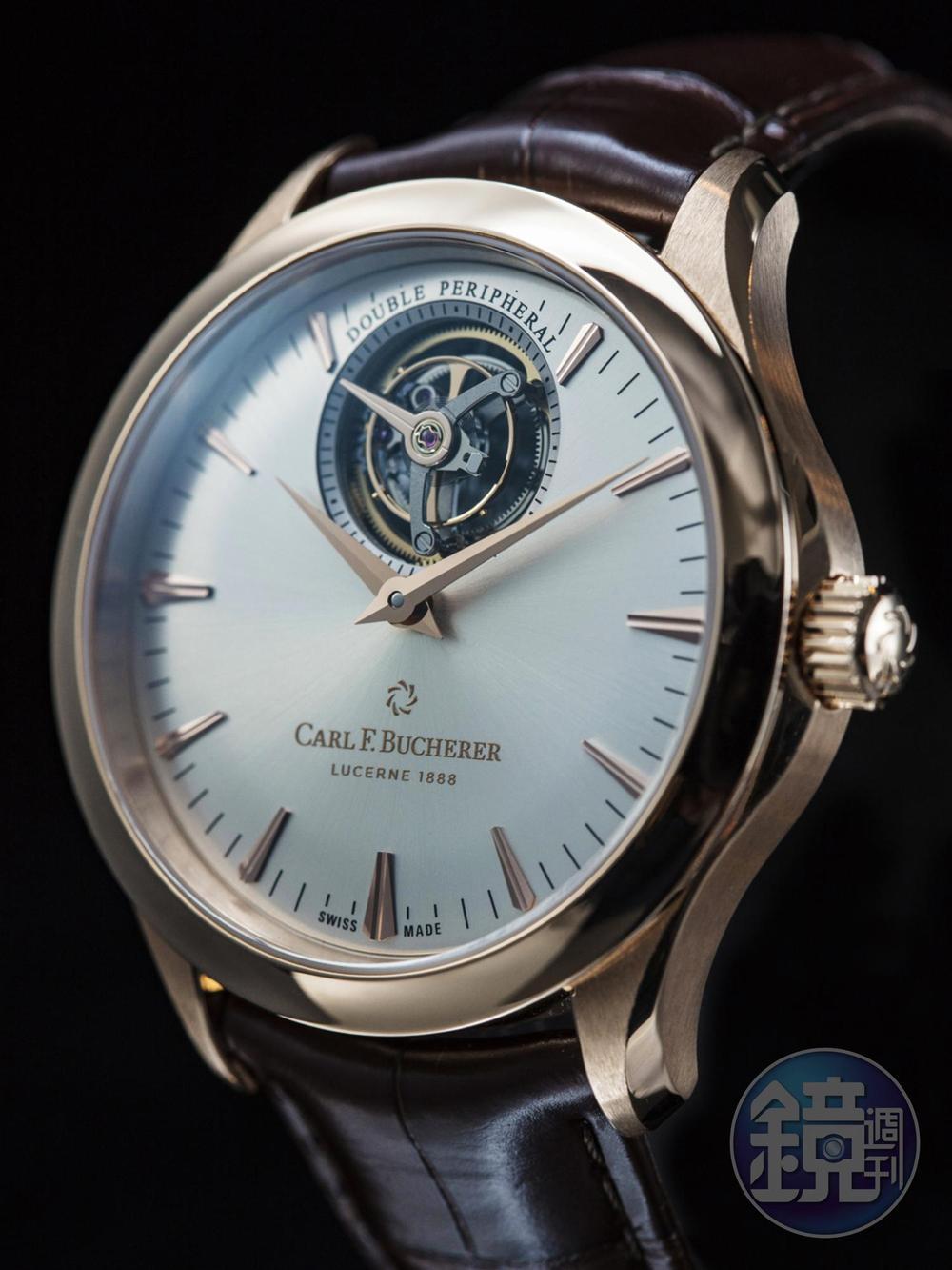 《Manero Tourbillon DoublePeripheral》CFB T3000自動上鏈機芯/18K玫瑰金材質/時、分、秒指示/可停秒陀飛輪/鱷魚皮錶帶/防水30米/建議售價：NT$1,980,000