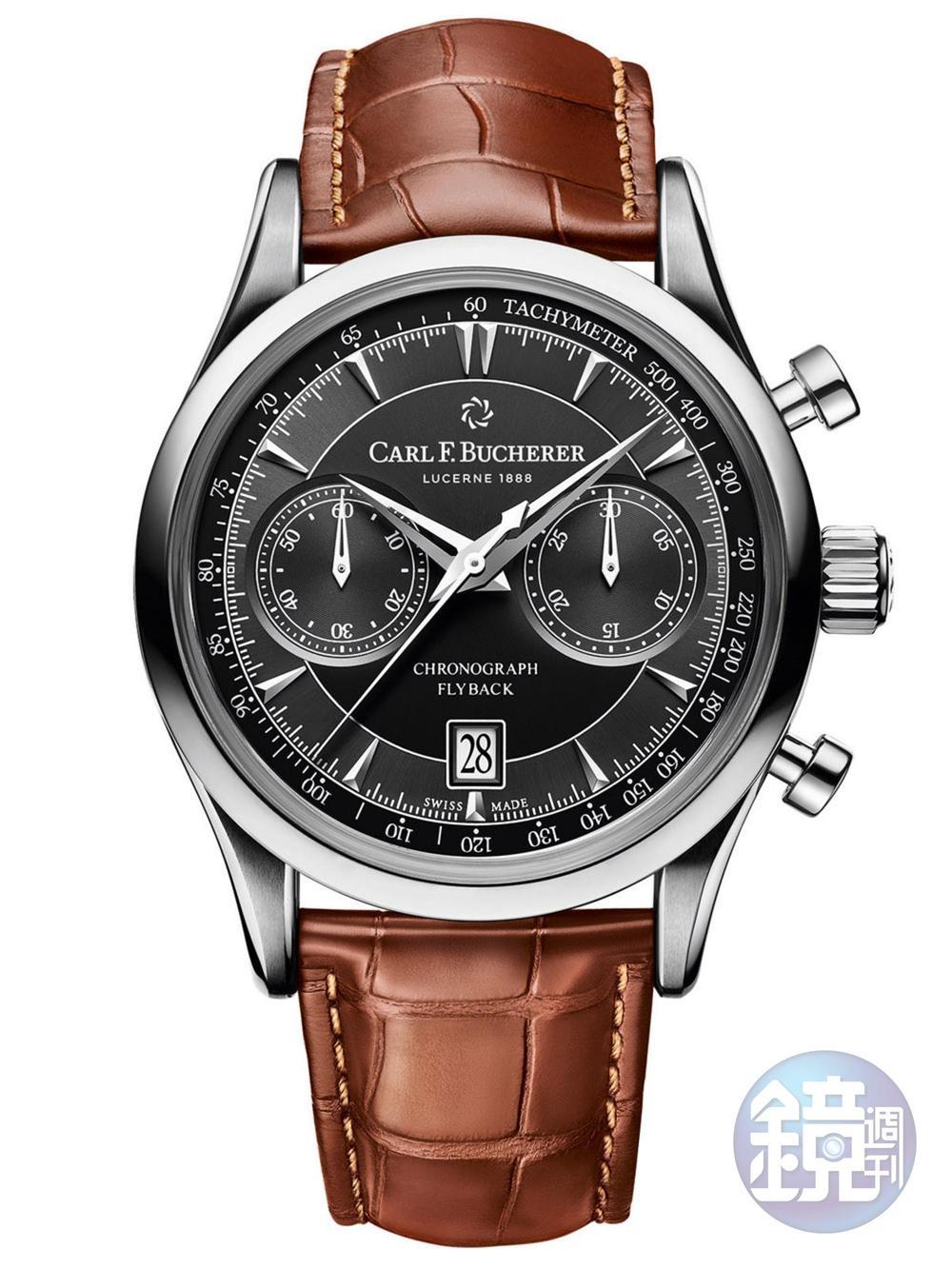 《Manero Flyback》CFB 1970自動上鏈機芯/不鏽鋼材質/時、分、小秒指示/日期顯示/飛返計時碼錶/鱷魚皮錶帶/防水30米/建議售價：NT$250,000