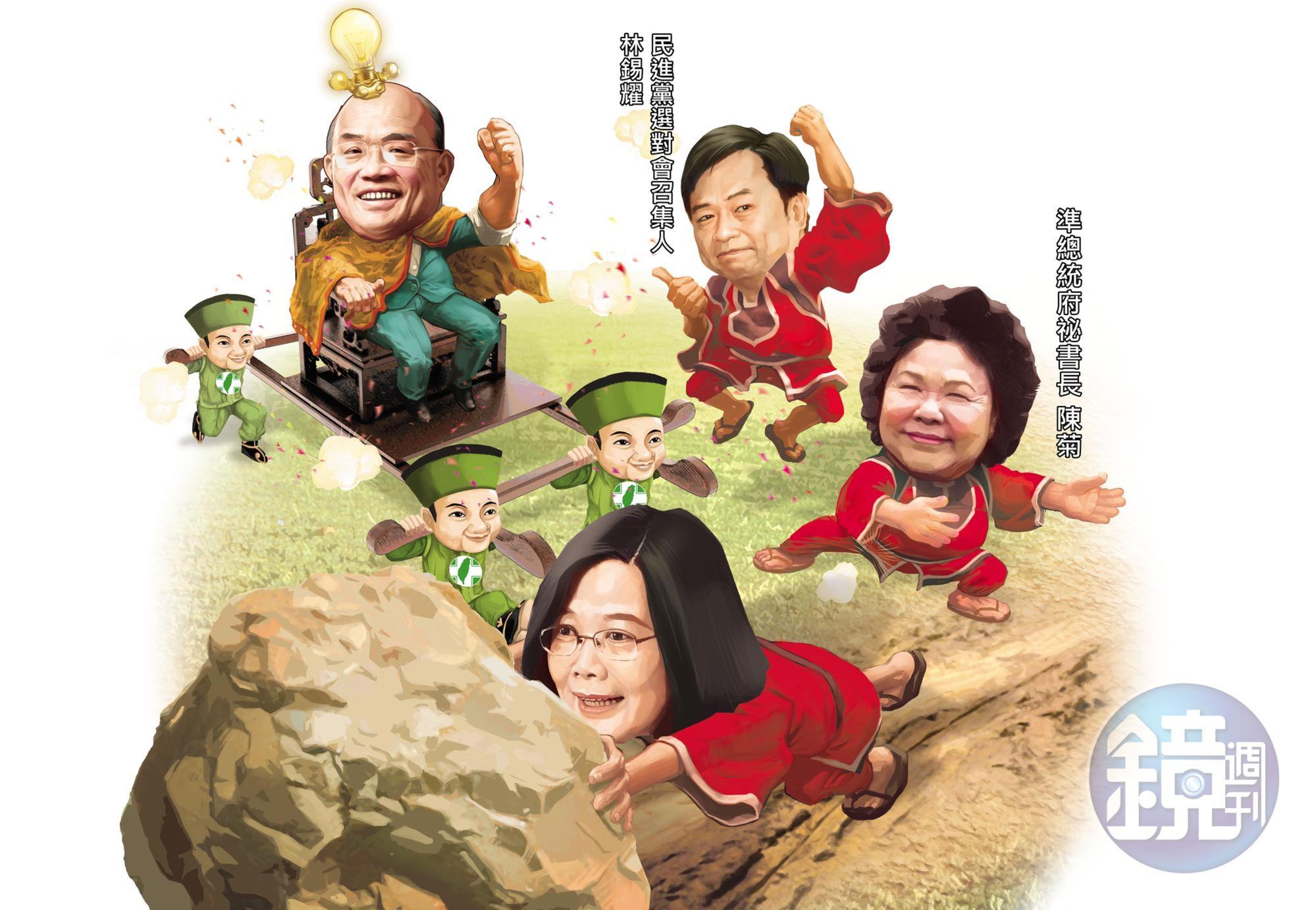 總統蔡英文為鋪連任之路,積極促成前行政院長蘇貞昌參選新北市長,高雄市長陳菊與民進黨選對會召集人林錫耀都是居間穿梭的關鍵角色。