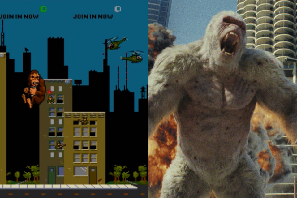 電影《毀滅大作戰》（Rampage）是根據同名街機遊戲改編。左為遊戲截圖，右為電影畫面。（華納兄弟提供）