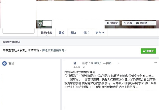 許女兒子在臉書發文,希望媽媽能早日甦醒。(翻攝畫面)