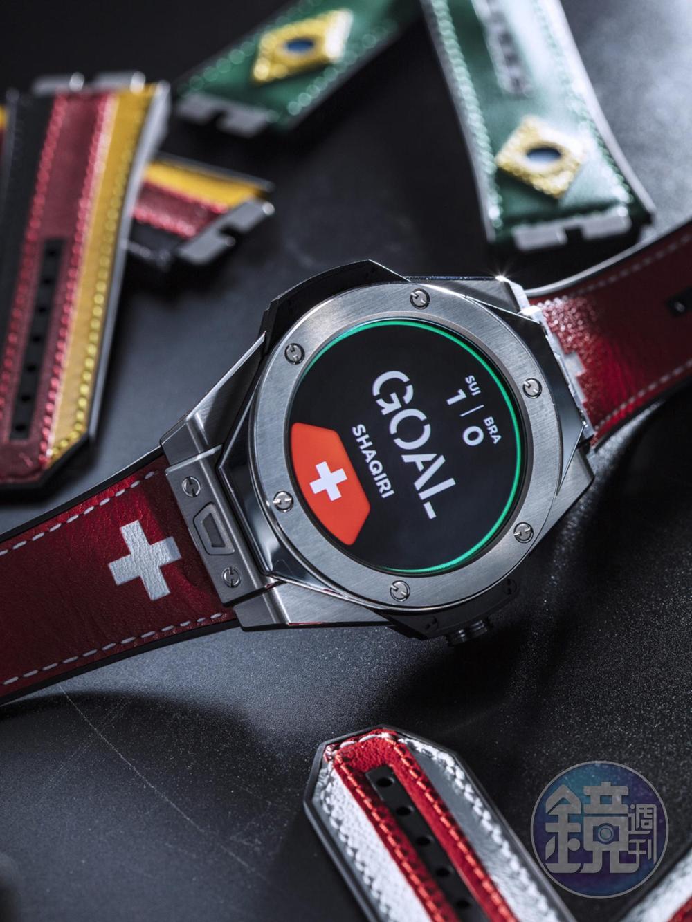 《BIG BANG Referee 2018 FIFA World Cup Switzerland》智慧型腕錶機芯/鈦金屬材質/智慧型腕錶；得分線科技系統連線/複合材質彈性運動錶帶/防水50米/建議售價：NT$161,000（限量2,018只）