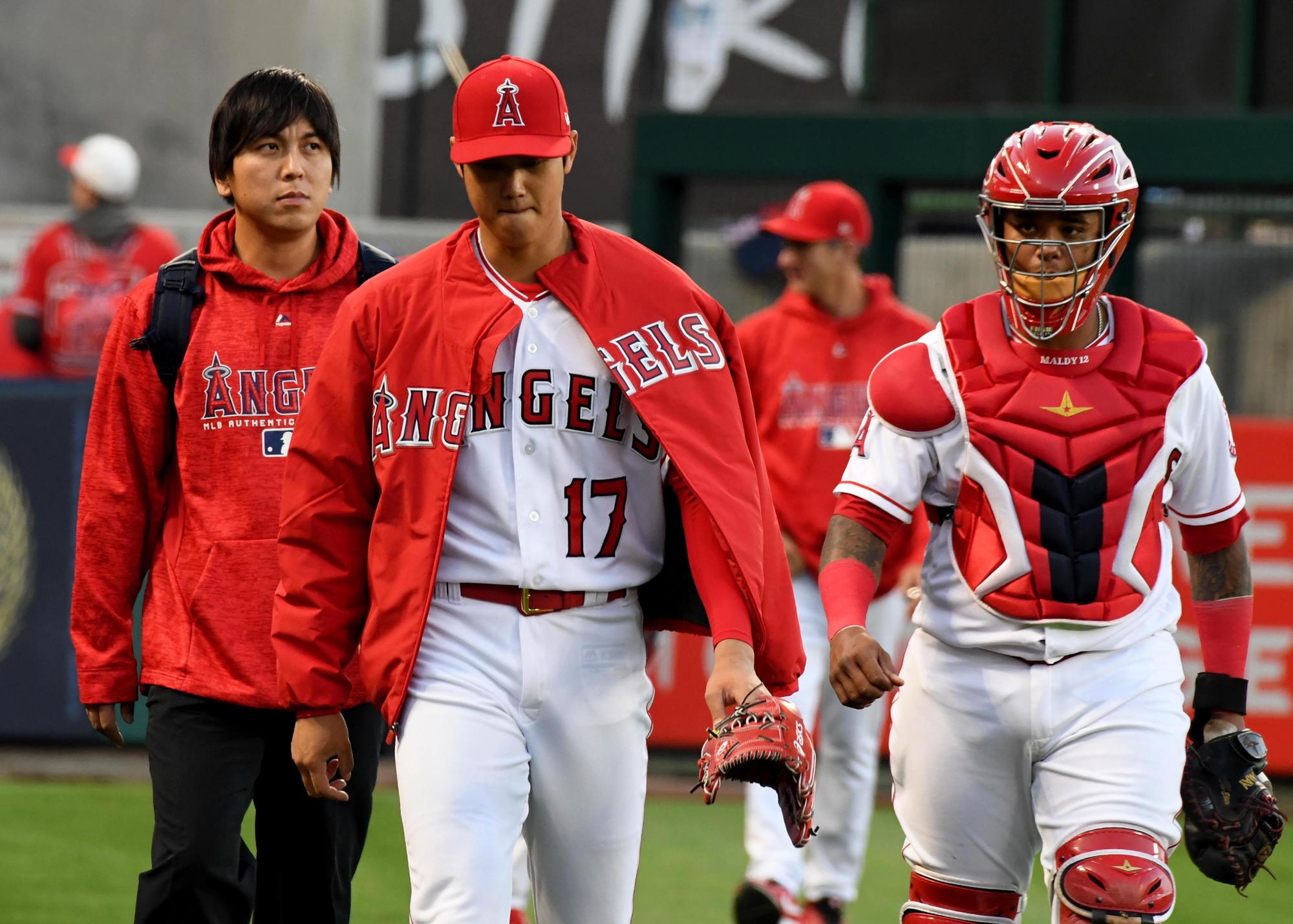 大谷翔平投了短短2局丟失3分,於第2局結束後退場休息,終場天使隊就以1:10敗給強敵紅襪。(東方IC)