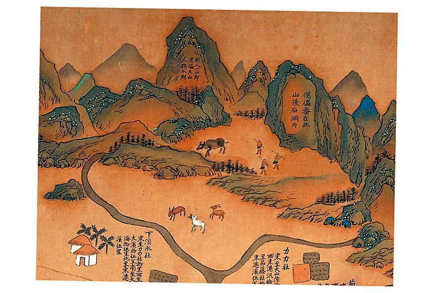 《康熙臺灣輿圖》繪有當時台灣人文地理，其中高屏地區寫有「傀儡番在此山後石洞內」的字樣，正是小說《傀儡花》的故事發生地。（翻攝自國立臺灣博物館官網）