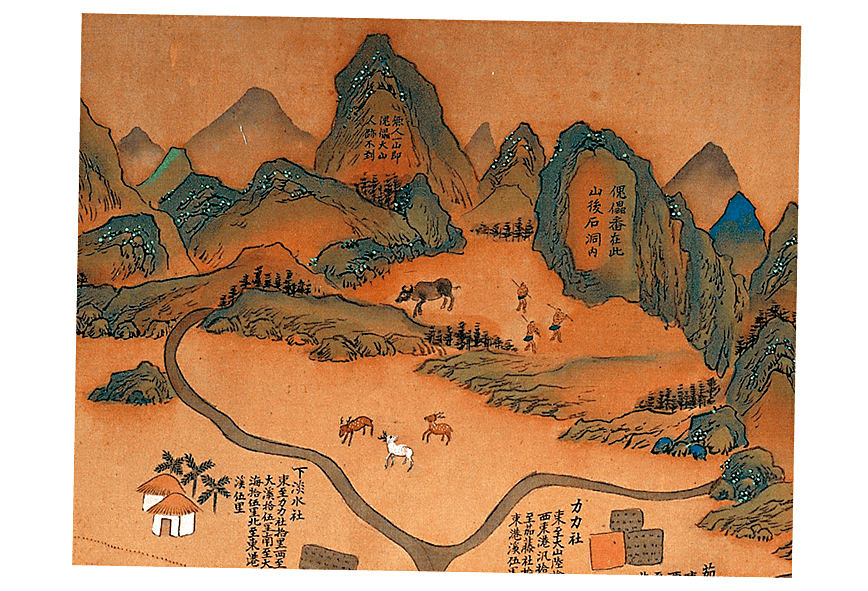 《康熙臺灣輿圖》繪有當時台灣人文地理,其中高屏地區寫有「傀儡番在此山後石洞內」的字樣,正是小說《傀儡花》的故事發生地。(翻攝自國立臺灣博物館官網)