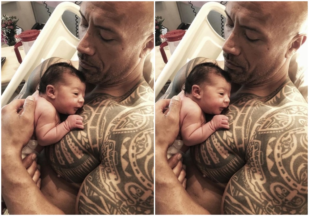 巨石強森Dwayne Johnson今在IG秀出裸身抱著剛出生的小女兒的照片，父愛滿滿。
