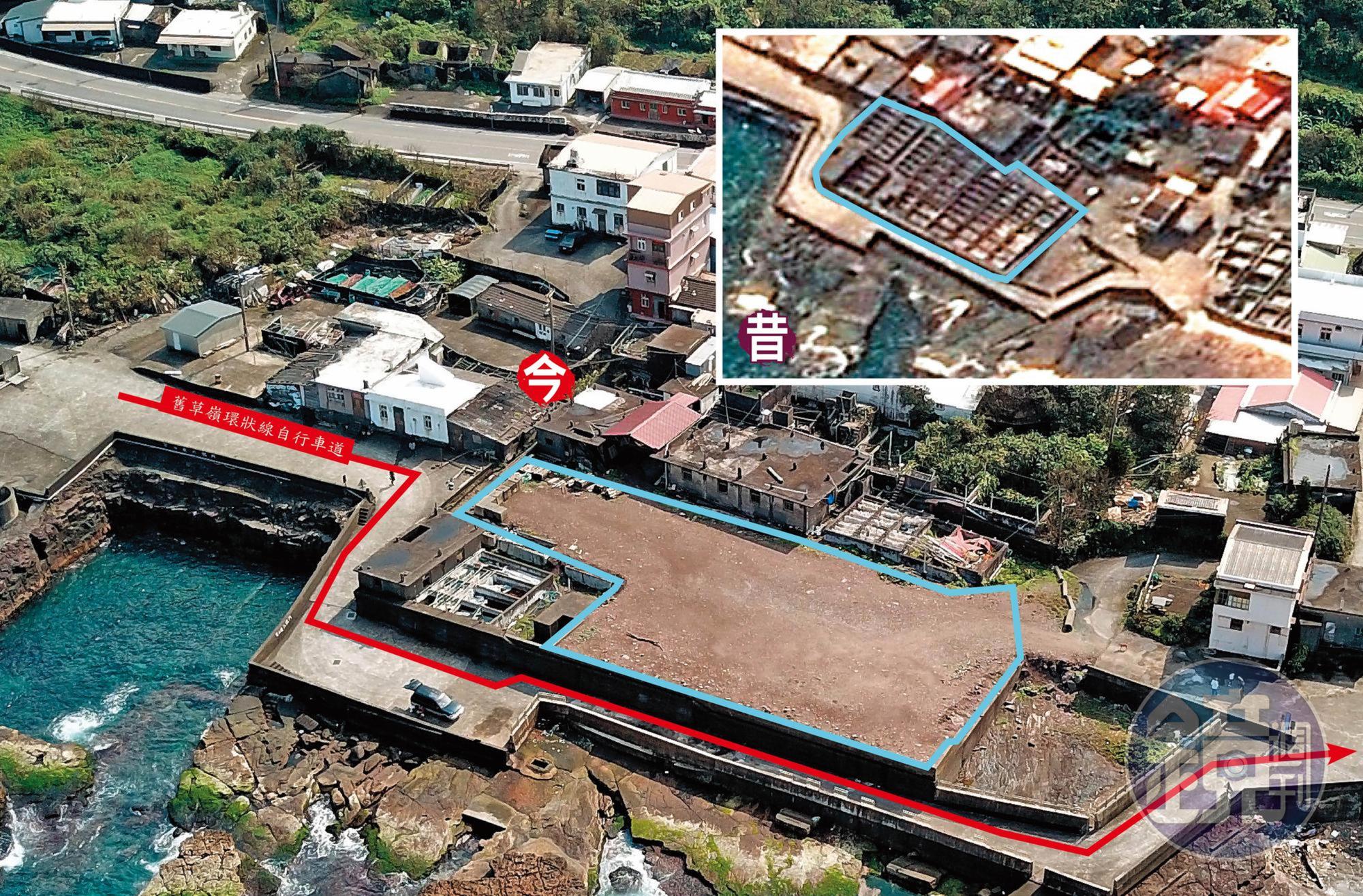 原本的養殖池共75池（小圖藍圈處），如今69池遭土石填平（大圖藍圈處）。新北市貢寮海邊近千坪的鮑魚養殖池，遭業者用廢棄土石填平，附近居民擔心會汙染海洋，由於該處鄰舊草嶺單車道，讓人懷疑業者可能要蓋民宿或咖啡廳。（小圖翻攝自Google map）