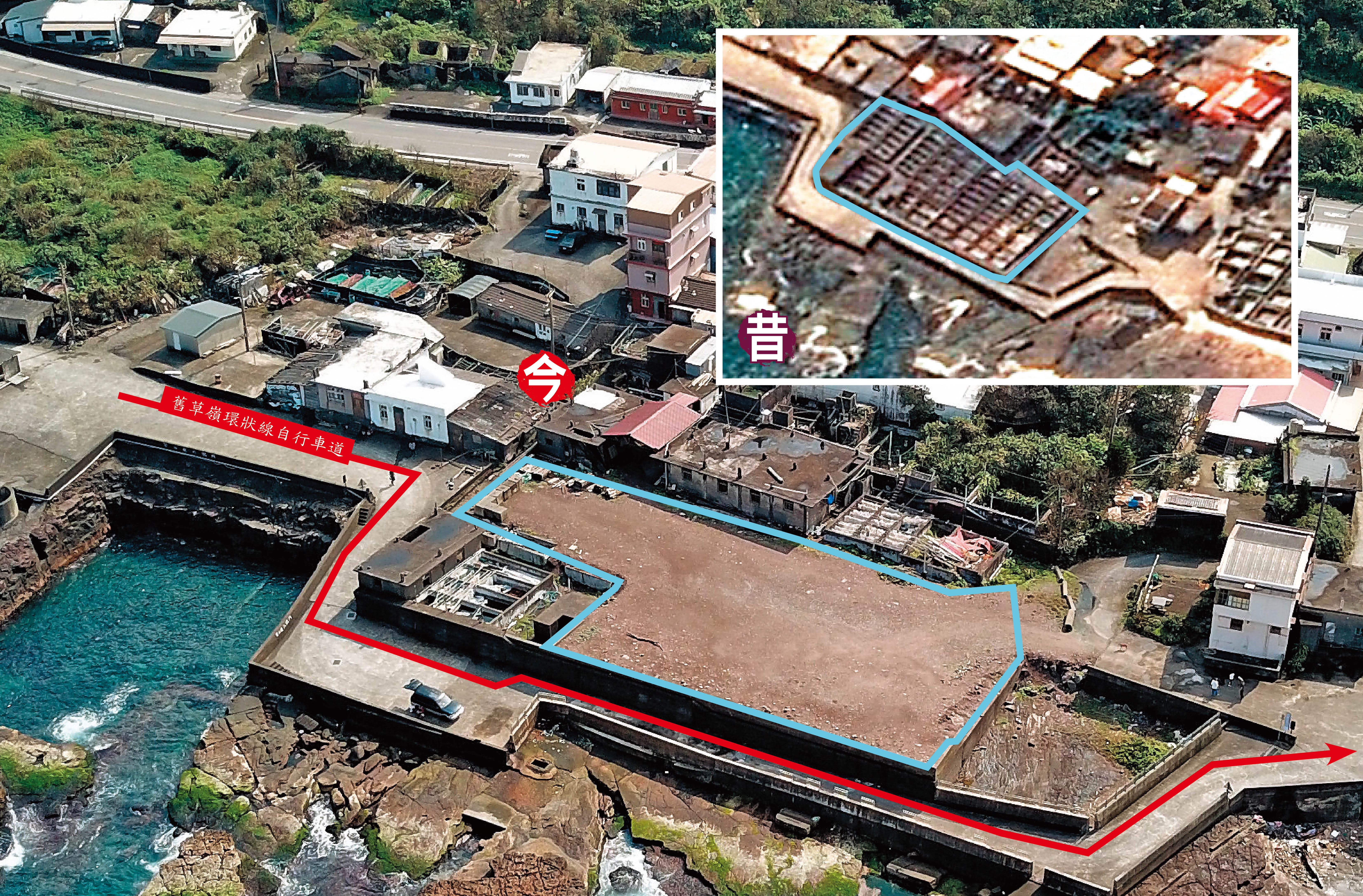 原本的養殖池共75池（小圖藍圈處），如今69池遭土石填平（大圖藍圈處）。新北市貢寮海邊近千坪的鮑魚養殖池，遭業者用廢棄土石填平，附近居民擔心會汙染海洋，由於該處鄰舊草嶺單車道，讓人懷疑業者可能要蓋民宿或咖啡廳。（小圖翻攝自Google map）