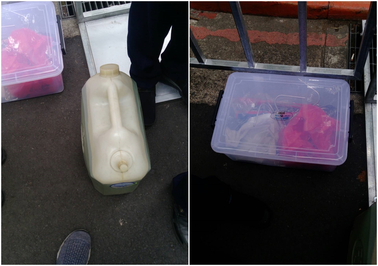 反年改團體集會遊行現場發現汽油桶1桶外，盒內裝有鐵鍊6條、油壓剪1把、鐵鈎6個等危險物品，遭警方扣留代保管。（警方提供）