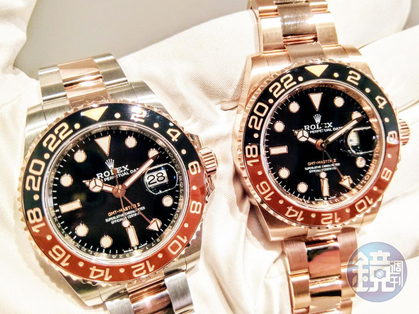 （左）GMT-Master II 126711CHNR，錶徑40mm，不鏽鋼與18K永恆玫瑰金搭配陶瓷圈，搭載Cal.3285機芯，建議售價13,400瑞郎（約41.1萬台幣）；GMT-Master II 126715CHNR，錶徑40mm ，18K永恆玫瑰金搭配陶瓷圈，搭載Cal.3285機芯，建議售價35,000瑞郎。（約107.4萬台幣，台灣訂價以RSC公告為準）