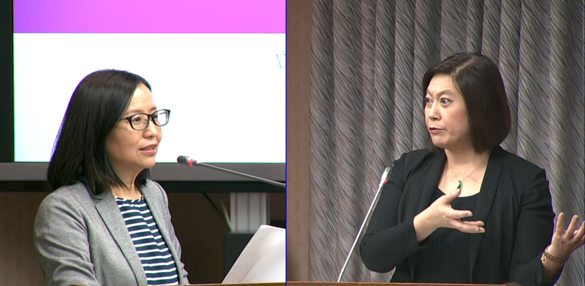 針對NCC偏鄉定義，民進黨立委李麗芬（左）質詢NCC主委詹婷怡（右）。（翻攝立法院iVod轉播系統）
