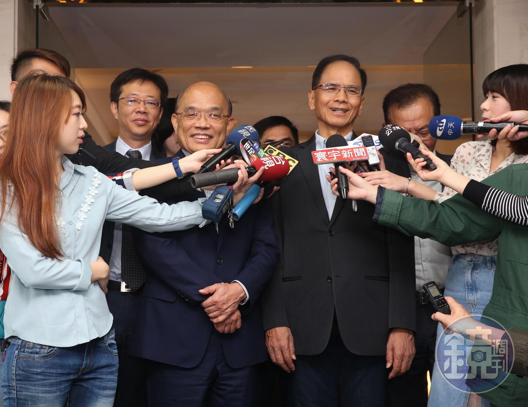 民進黨新北市長參選人蘇貞昌拜會游錫堃，約50分鐘後，二人一同出面受訪。