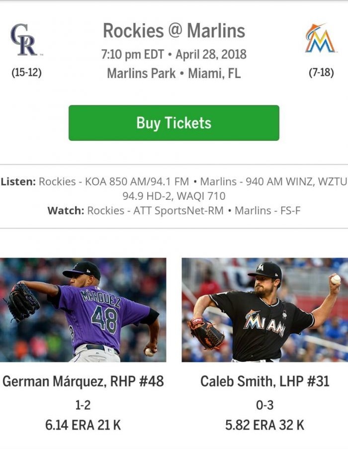 今天凌晨2點49分,官網「先發投手預告」掛的還是Caleb Smith。(翻攝自MLB.com)