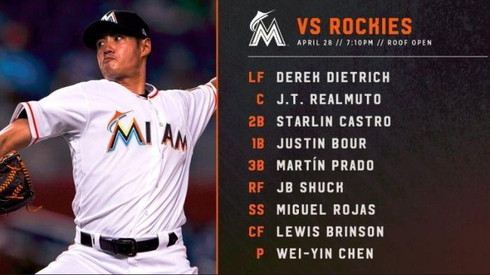 馬林魚今日先發名單。(翻攝自Los Marlins de Miami Twitter)