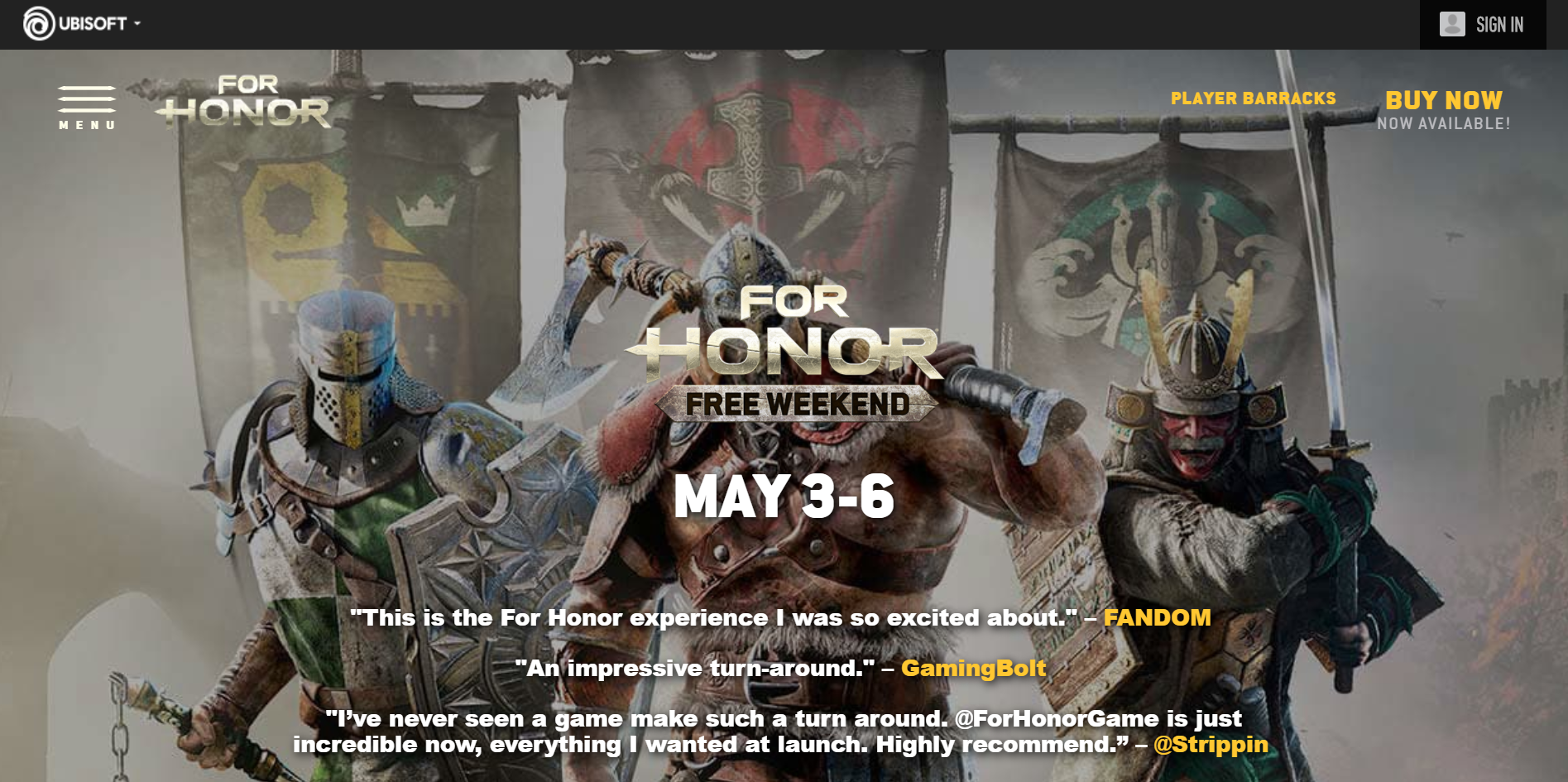 當初猶豫是否購買《榮耀戰魂》的玩家這次可以先好好體驗三天三夜了！（圖片來源：育碧官網）