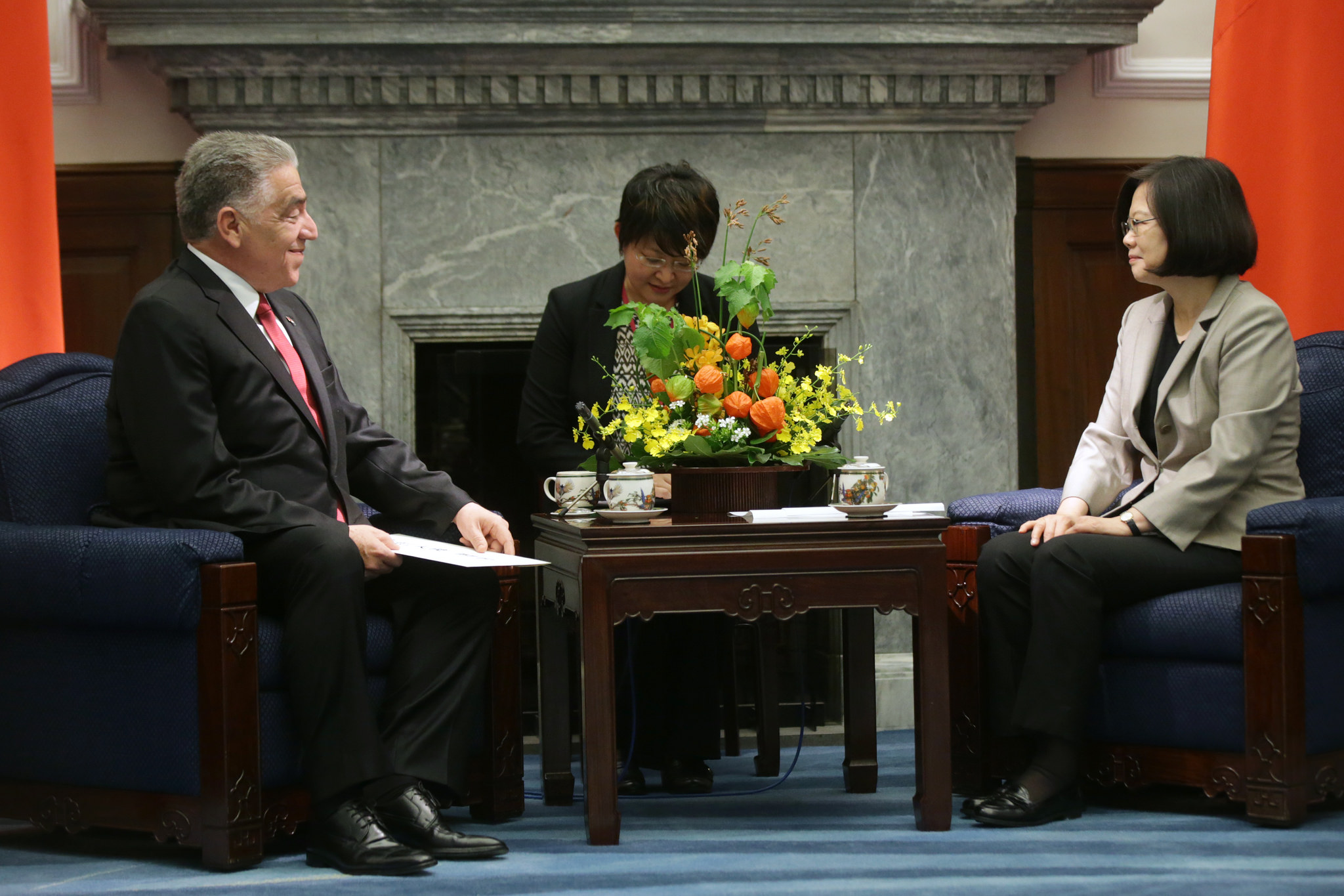 圖為去年7月多明尼加共和國新任駐華特命全權大使索托閣下呈遞到任國書，與總統蔡英文（右）相互交流。（總統府提供）