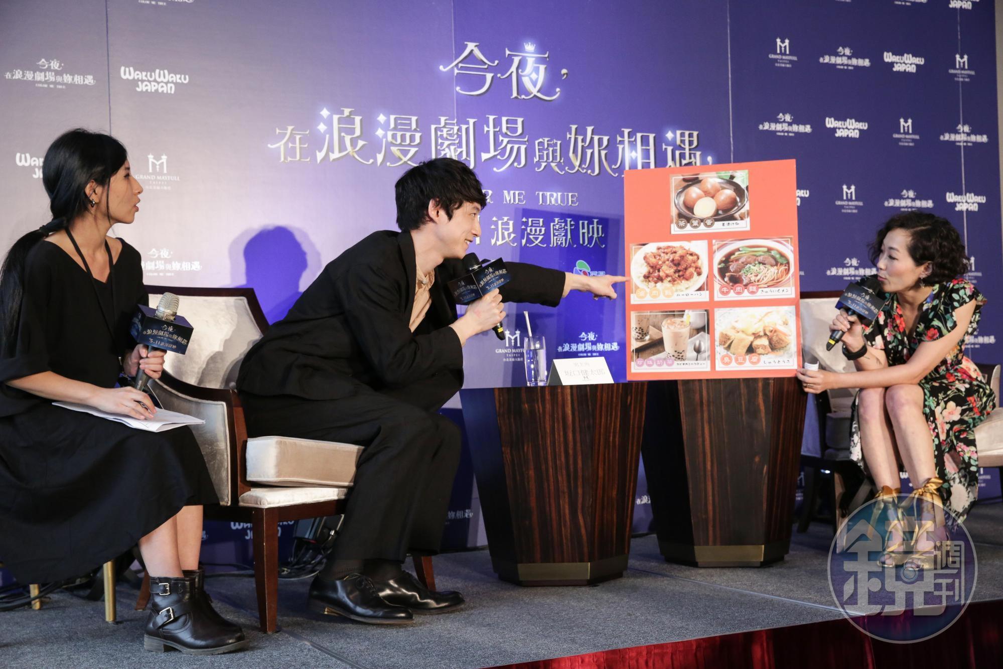 坂口健太郎在心理測驗選擇「滷肉飯」,顯示他是喜歡幫助別人但是個性害羞的人,他大呼超準,並說:「我現在就想吃滷肉飯。」