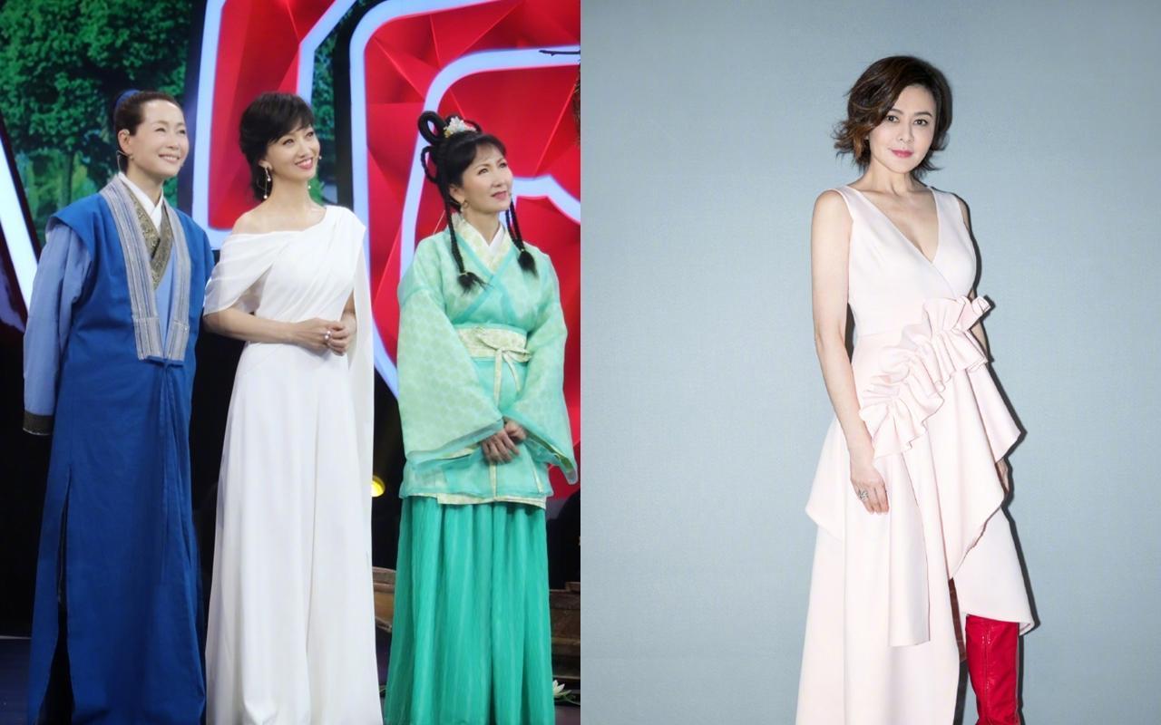 1992年的《白娘子傳奇》已成經典，葉童、趙雅芝與陳美琪（左圖左起）在該劇25週年慶大合照，陳美琪曾因關之琳（右圖）介入婚姻流產。（翻攝自陳美琪微博、 關之琳微博）