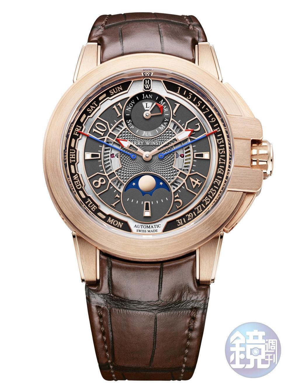 《Ocean Biretrograde Perpetual Calendar》面盤上排列著層層擴散的同心圓,締造出規整有序的信息顯示和緩衝區域。粒面凸緣與錶殼顏色相配,專用於星期和日期顯示;月份顯示盤設於12點鐘位置,配備大型鏤空指針,並附有閏年指示;6點鐘位置的月相顯示令整體平衡而和諧。功能:時間顯示;萬年曆/機芯:自動上鏈機芯/建議售價:約NT$1,852,000