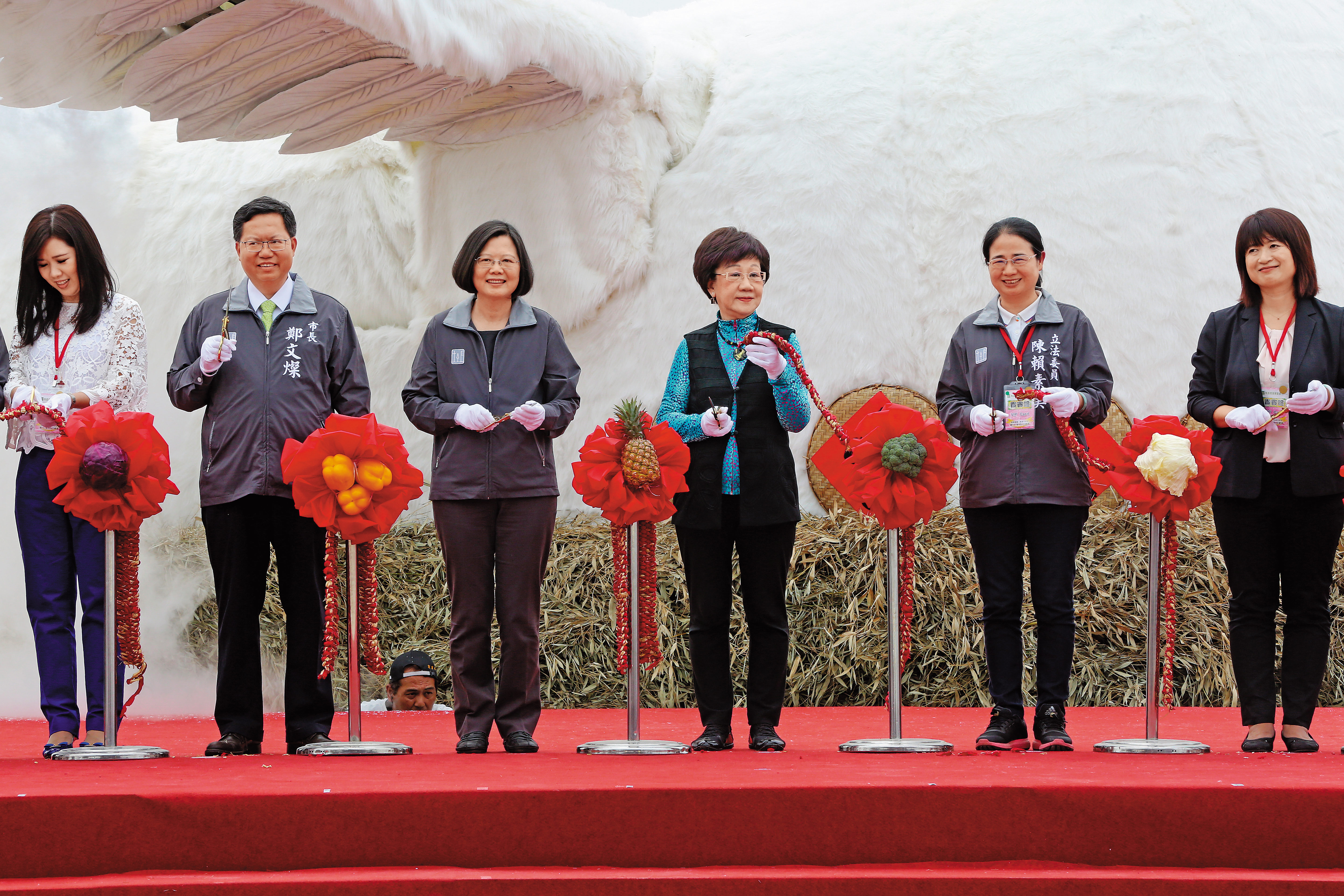 蔡英文(左3)、呂秀蓮(右3)民進黨2大天后於桃園農業博覽會同台亮相。