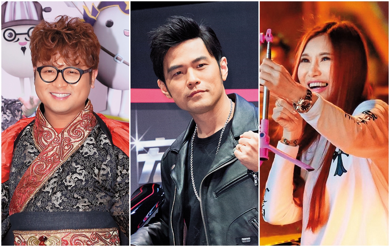 圖左：納豆與前女友林千又常出沒夜市，士林夜市與基隆廟口夜市都有他們的足跡。圖中：周杰倫寵妻出了名，2度「拋頭露面」帶昆凌去台中逛逢甲夜市，還冒雨排隊為愛妻買雞腳凍。圖右：吳玟萱被拍到與23歲的代銷商小開一起逛臨江夜市，熟女遇上小鮮肉，兩人的動作也太親暱。