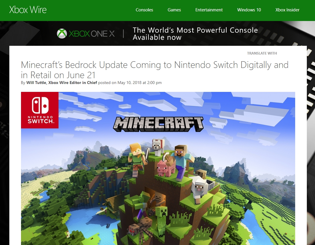 在微軟 Xbox 官方網站上看見任天堂 Switch 的新聞，有種說不出的趣味。（圖片來源：微軟官網）