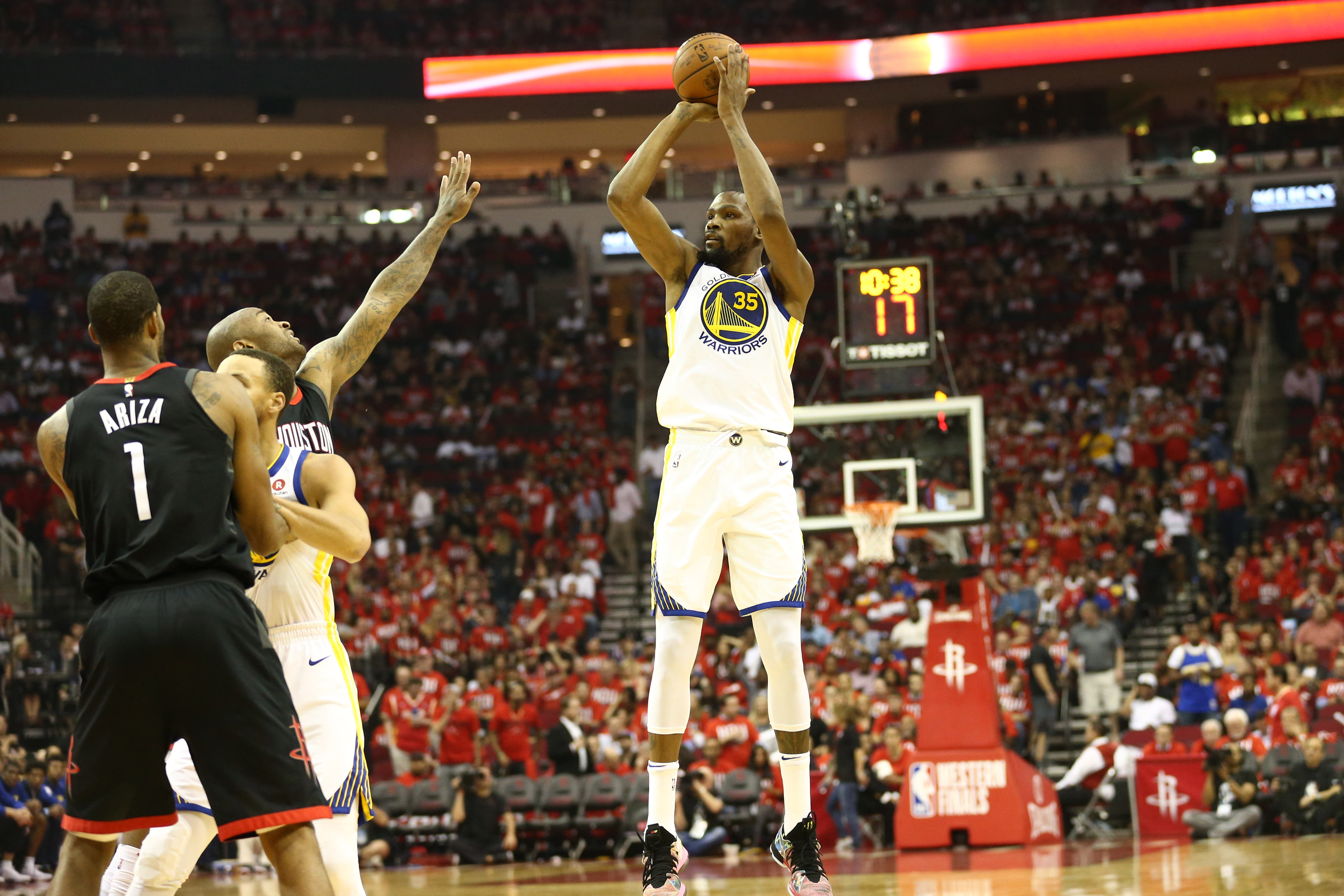 杜蘭特（Kevin Durant）狂轟37分，幫助勇士以119比106分擊敗火箭，拿下西區冠軍賽首勝。（東方IC）