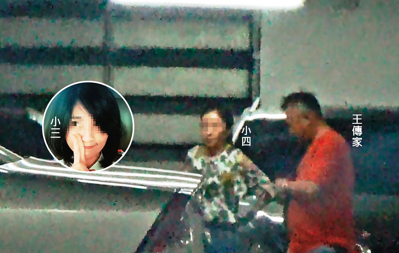 王傳家（右）除了小三外，竟然還有小四（左）馬尾女，2人遭直擊吃完高檔料理後，車子就開進摩鐵續攤。
