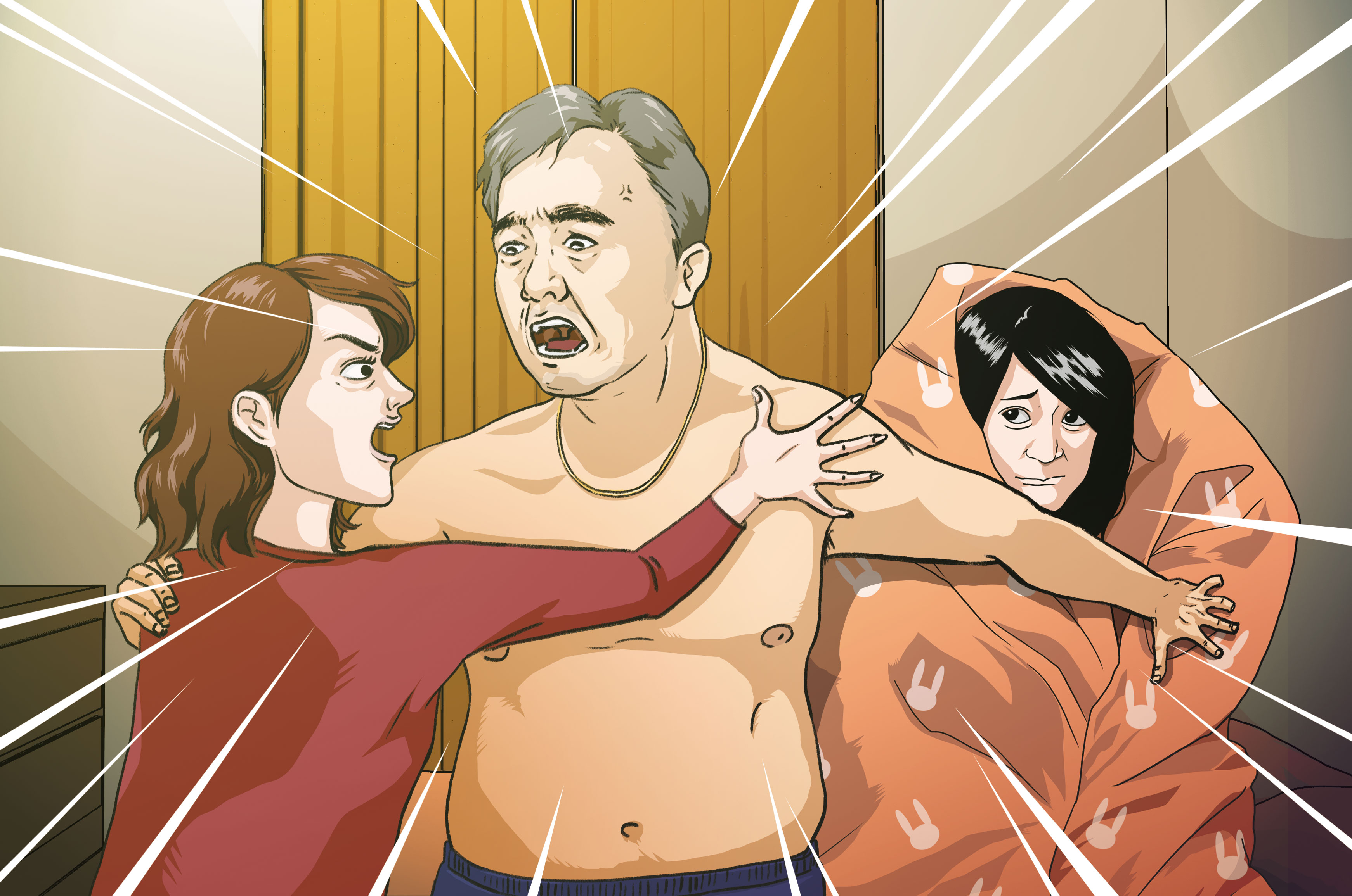 前職棒球星王傳家（中）遭妻子（左）抓姦在床，當時王傳家與小三（右）全身赤裸的從睡夢中驚醒，並與元配爆發激烈口角。