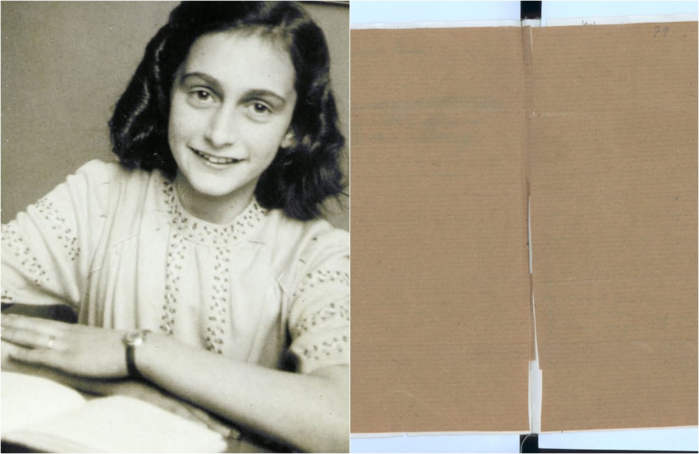 安妮法蘭克原本用牛皮紙膠水黏起的2頁日記內容，透過最新科技展現在世人面前。（取自@annefrankhouse Twitter）