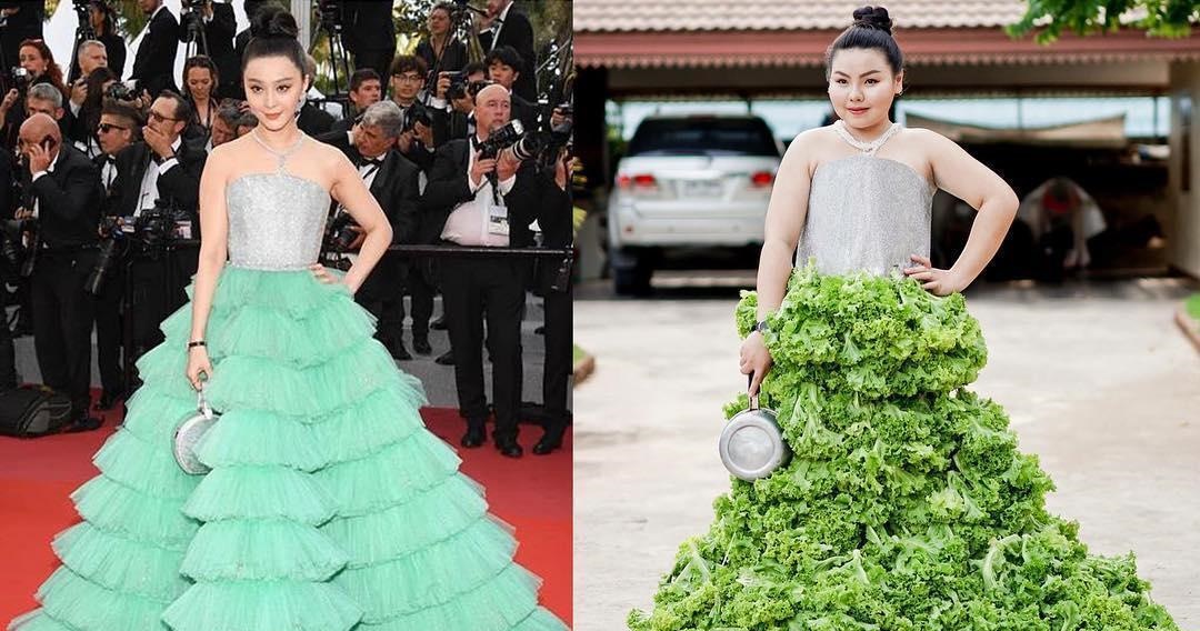 泰國網紅Sine用青菜與鍋，詮釋出范冰冰的時尚語言。（翻攝自framsook_lek_lek IG）