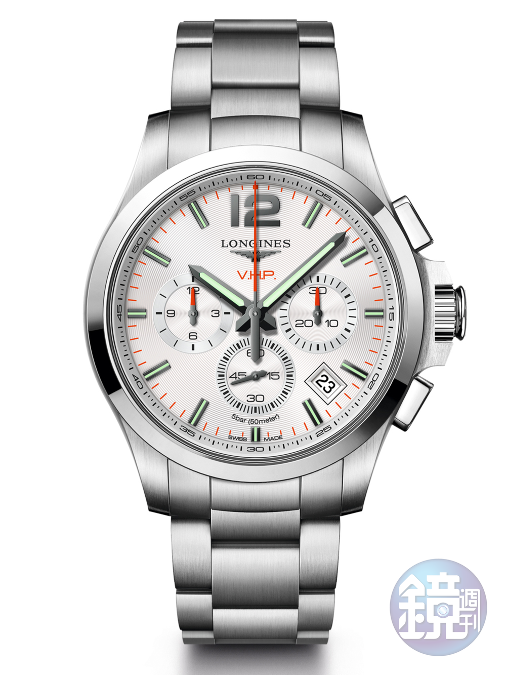 《Conquest V.H.P. Chronograph》去年主推的征服者系列 V.H.P.腕錶,是浪琴在石英錶技術的一大躍進,每年誤差僅±5秒的優異規格,加上齒輪位置自動偵測系統與長效電池等技術,就實用性來說這款作品無與倫比;今年浪琴在此系列增添計時功能版本,集結精準效能與運動風格於一身。功能:時間顯示;計時碼錶/機芯:石英機芯/建議售價:約NT$55,000