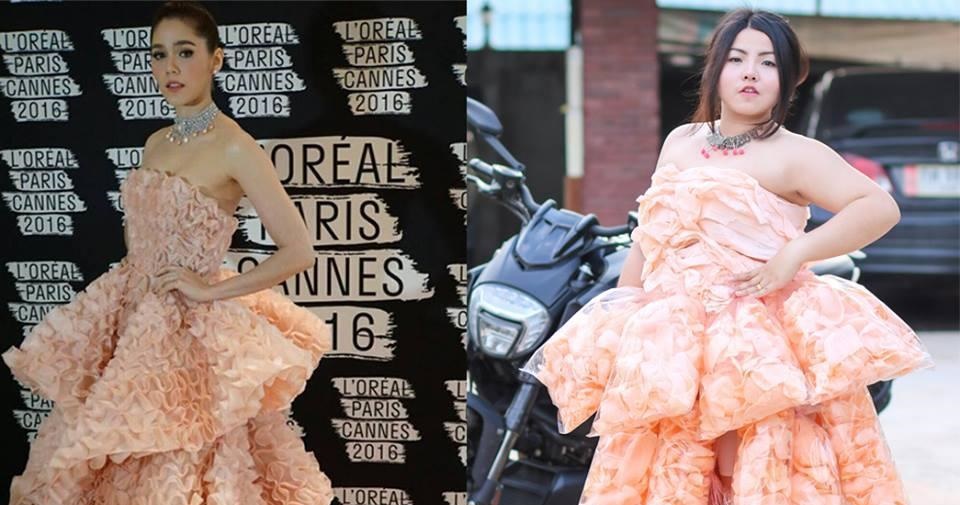 泰國網紅 Benjaphorn Chetsadakan 最新力作──蝦餅禮服。（翻攝自 Benjaphorn Chetsadakan 臉書）