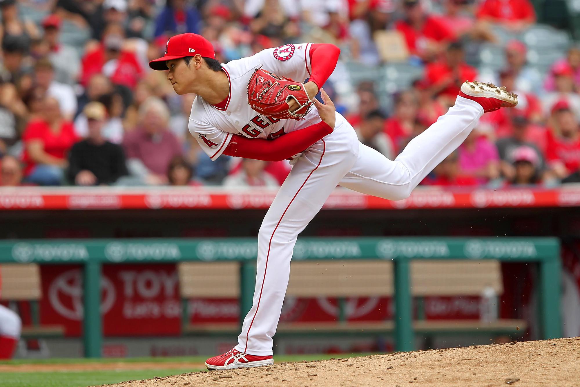 大谷翔平主投7.2局只失2分，送出9次三振，順利收下本季第4勝。（東方IC）