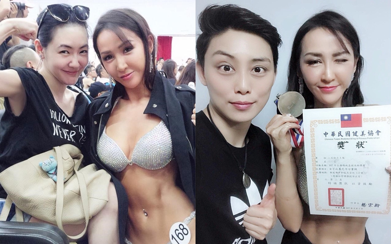 安吉赫萱(右)是小S的健身教練,上月她奪下全國總統盃健美錦標賽女子比基尼第二名,不僅小S(左)親自到場,奧運跆拳道手蘇麗文也特地來為她加油。(東方天赫娛樂提供)
