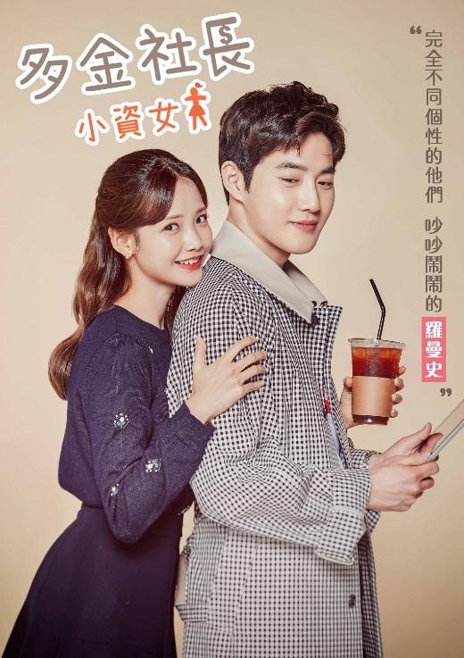 《多金社長小資女》SUHO（右）、夏沇秀的背後抱海報，讓不少女性觀眾心跳。（龍華電視提供）
