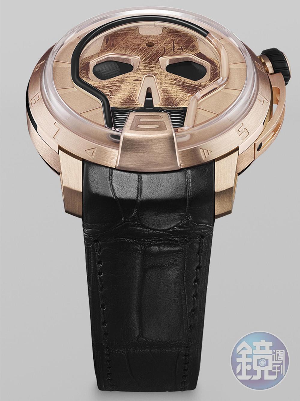 《Skull 48.8》Skull系列於2015年推出，特色是結合液體顯示時間與中央的骷髏頭造型，今年HYT為這個系列加入尺寸更精巧的款式，從過去的51mm縮減至48.8mm；新的尺寸目前提供兩種版本，第一款完全以玫瑰金打造，另外則以玫瑰金搭配黑色DLC鈦金屬。功能：時間顯示／機芯：手上鏈機芯／建議售價：約NT$2,980,000（限量50只）